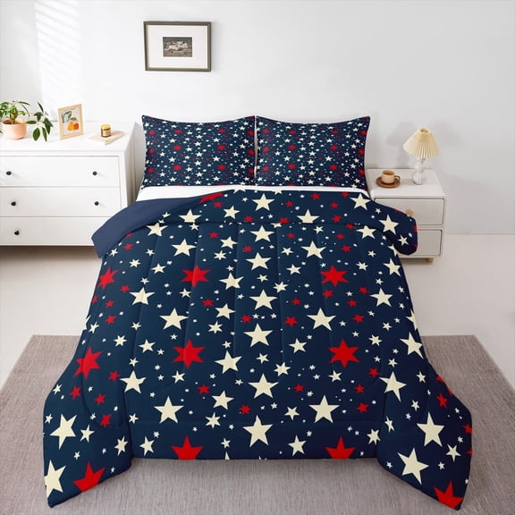 jejeloiu Stars Print Bedding Comforter Set,American Flag Twin Comforter Sets,Blue White Red Bedding Set For Boys Kids,Breathable Home Decor Reversible,2pcs