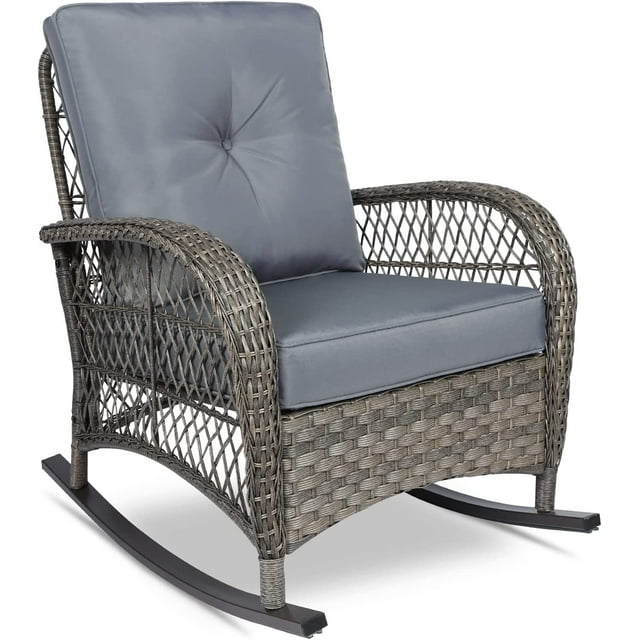 VIVIJASON Outdoor Wicker Rocking Chair, Patio Rattan Rocker Chair with Cushions & Steel Frame, All-Weather Rocking Lawn Wicker Furniture for Garden Backyard Porch (Grey)