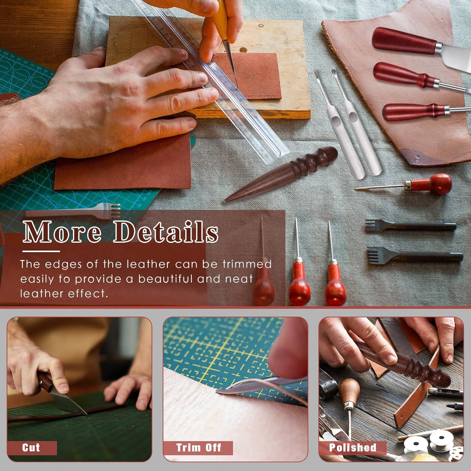 8 Pieces Leather Knife Set, Including Leather Edge Beveler Groover, Cutter Wood Leathercraft Edge Slicker Burnisher Crafting Tools Skiving Knife Leathercraft Accessories