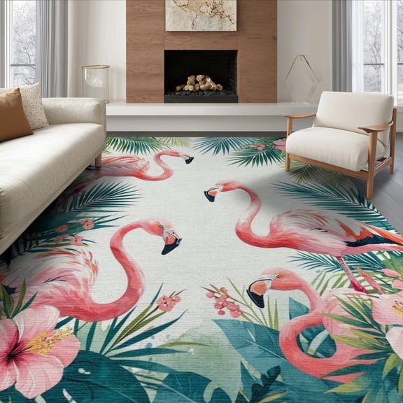 ODIKA 8'x10' Washable Area Rug Watercolor Leaves Botanical Frond Border Jungle Motif Exotic for Dining Room, Large Office, Lounge, Non-Slip Chair-Friendly Mat