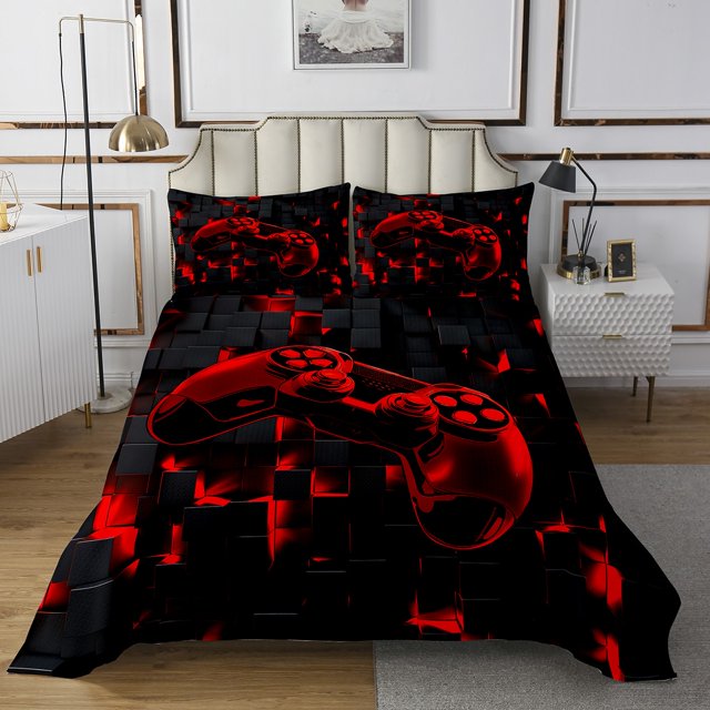 YST Kids Gaming Queen Bedspread Set for Boys Girls Video Game Gamer Quilt Set, Black and Red Coverlet Queen Size Glowing Geometric Grid Bedding Set, Gradient Game Controller Bed Cover