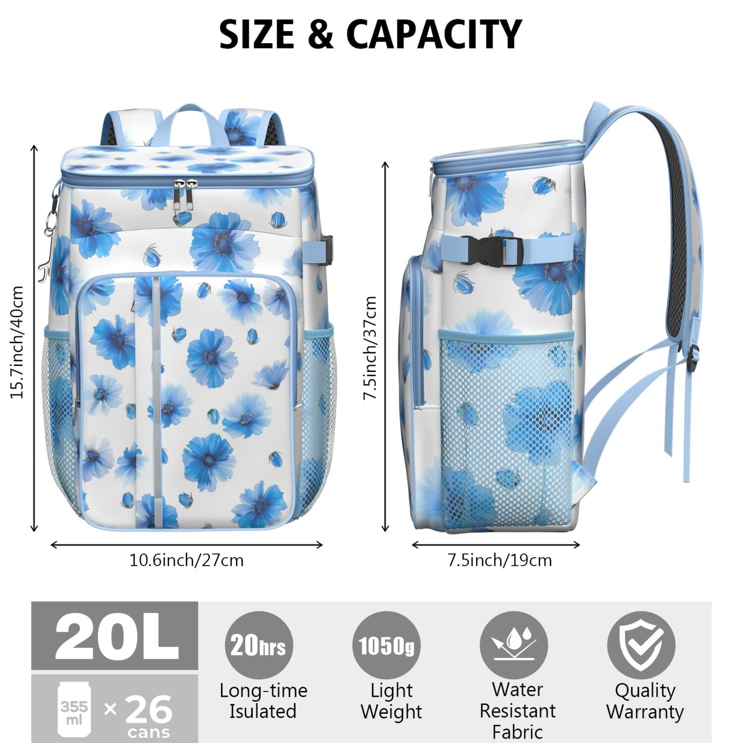 Travel Cooler Bag - Pioneer Flower Floral Print Pattern Camping Beer Cooler Backpack with Bottle Opener- Waterproof Insulated Picnic Backpacks - Cooler Bag for Beach