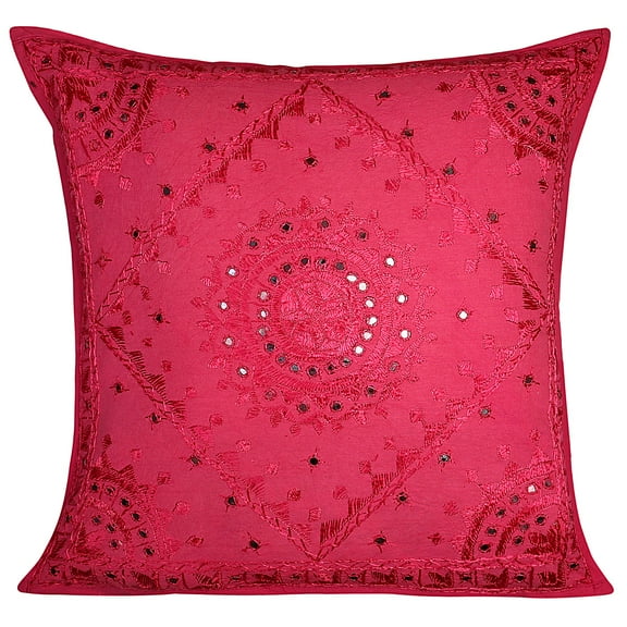 Stylo Culture Indian Chair Seat Throw Pillow Cover 24 x 24 Big Hand Embroidered Pink Bohemian 60x60 cm Home Decor Cotton Mirrored Square Cushion Cover | 1 Pc