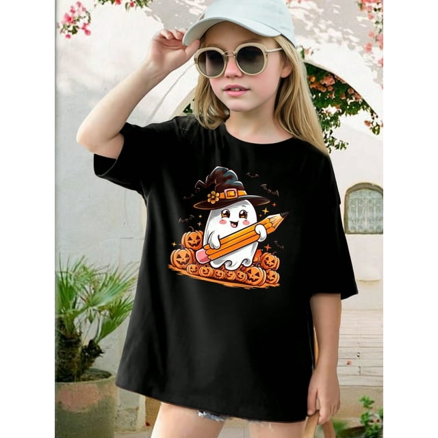 Halloween Ghost Pumpkin Witch Hat T-Shirt - Spooky Season Graphic Tee For Women Men Kids - Cute Fall outfit For Trick or Treating Costume Parties events
