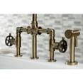 thumbnail image 3 of Kingston Brass KS2333RKX Webb Two-Handle 4-Hole Deck Mount Bridge Kitchen Faucet with Knurled Handle and Brass Side Sprayer in Antique Brass, 3 of 7