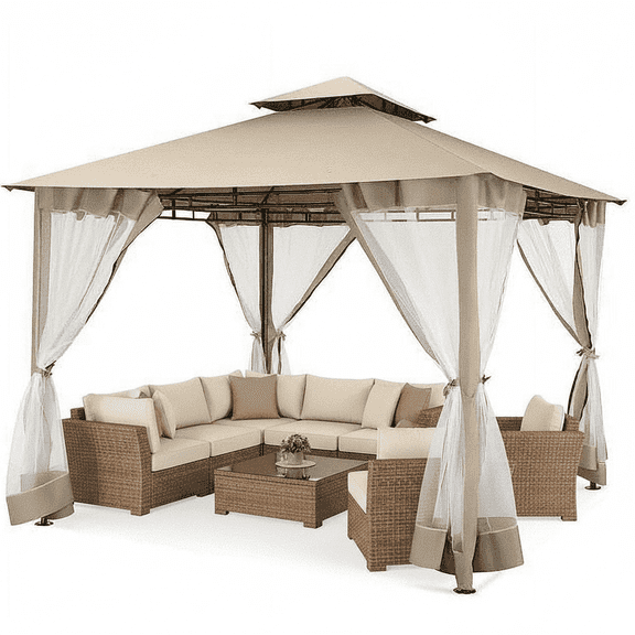 COBIZI Outdoor Gazebo,10x10 Outdoor Canopy with Removable sidewalls, Shade Tent for Party, Backyard, Patio Lawn & Garden,Khaki