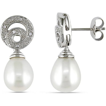 Miabella 9.5-10mm White Rice Cultured Freshwater Pearl and 0.05 Carat T.W. Diamond-Accent Sterling Silver Swirl Drop Earrings