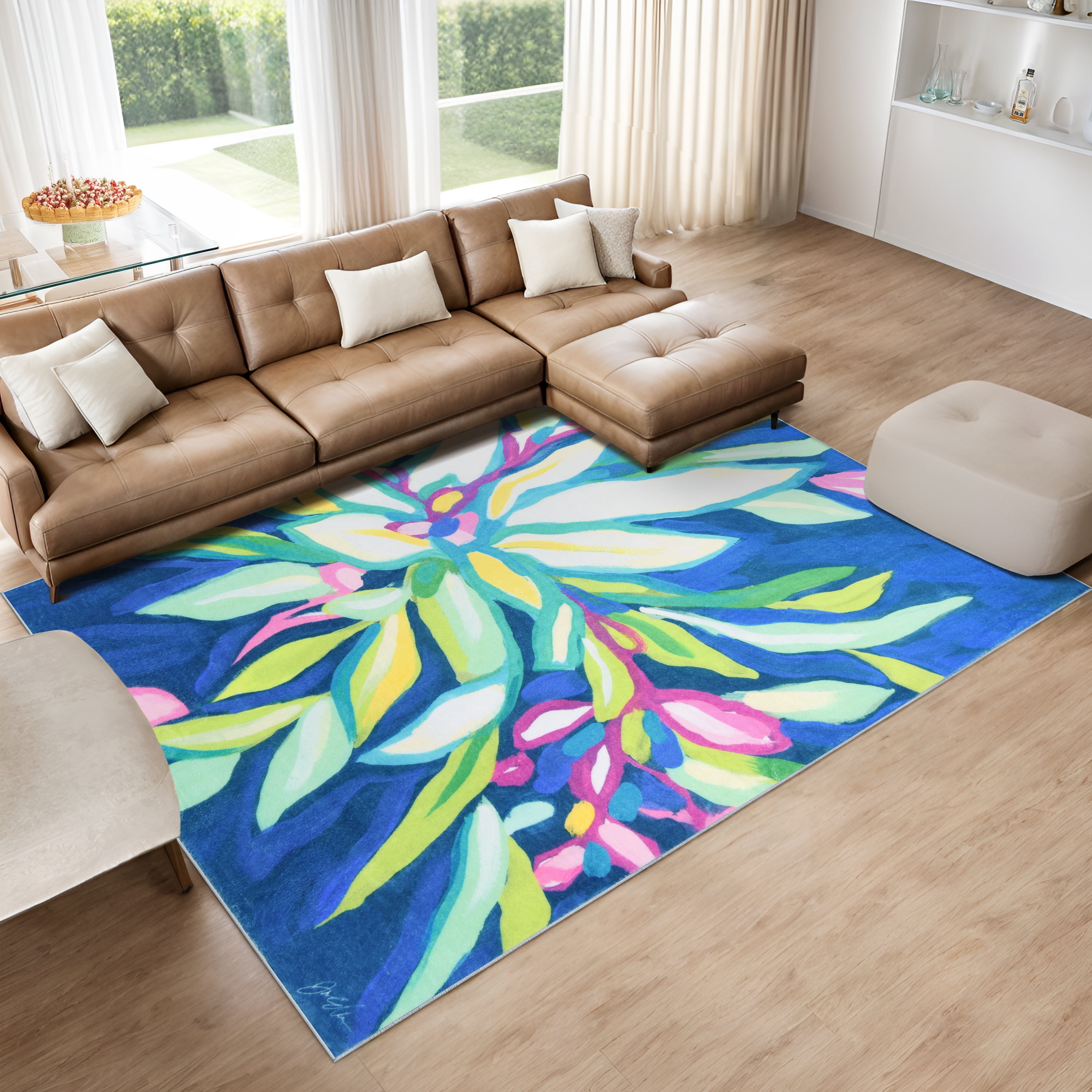 Blue Tropics I, 8'x10' Hand Washable Flowers Art Area Rug