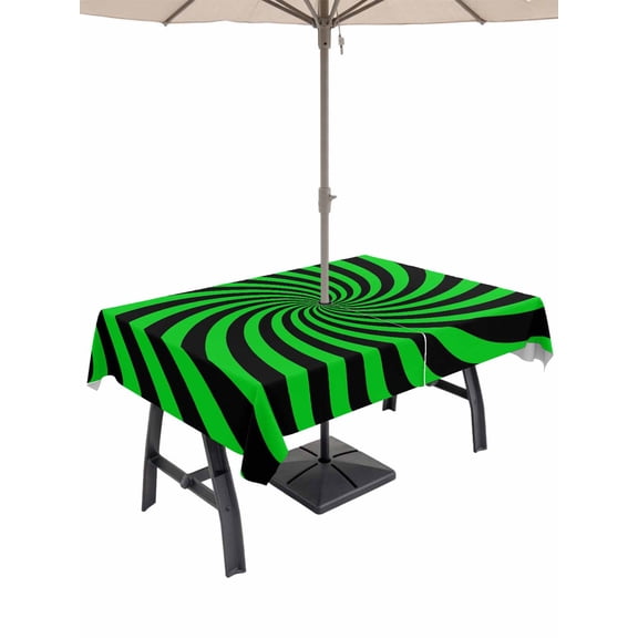 Outdoor Tablecloth with Umbrella Hole for Patio/Picnic/Party/Camping, Green Black Waterproof Table Cloth Rectangle Table Cover Washable, Farmhouse Striped Spiral Vortex Abstract (60"x 102")