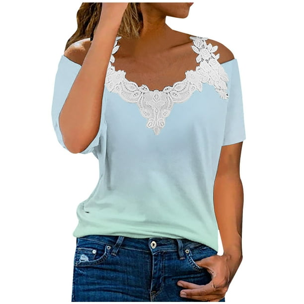 Blusa superior sexy de manga corta con retazos de encaje con cuello en V de verano para mujer OAVQHLG3B Store lin121212