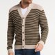 thumbnail image 2 of Mens Striped V-Neck Cardigan Sweater Long Sleeve Button Down Khaki Overcoat, 2 of 5