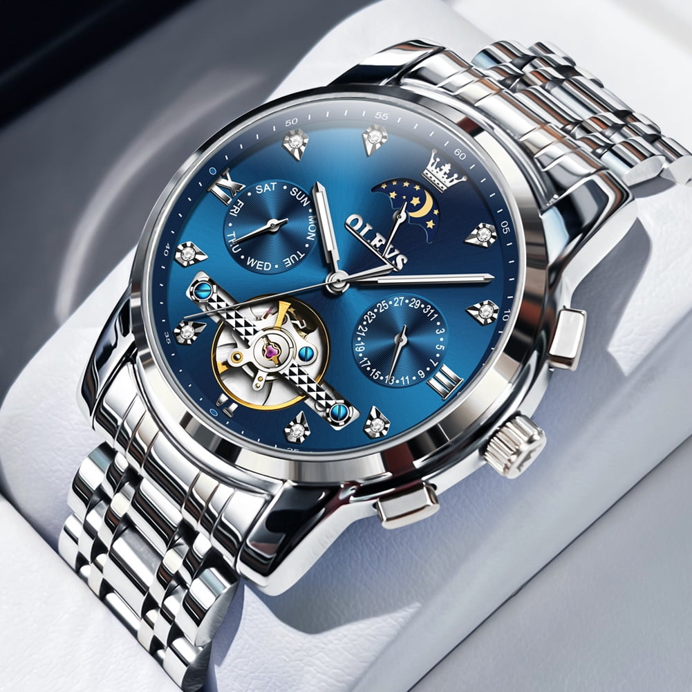 OLEVS Automatic Watches for Men Self Winding Mechanical Skeleton Flywheel Chronograph Luxury Dress Stainless Steel Diamond Moon Phase Waterproof Luminous Mens Wrist Watches Reloj Para Hombre