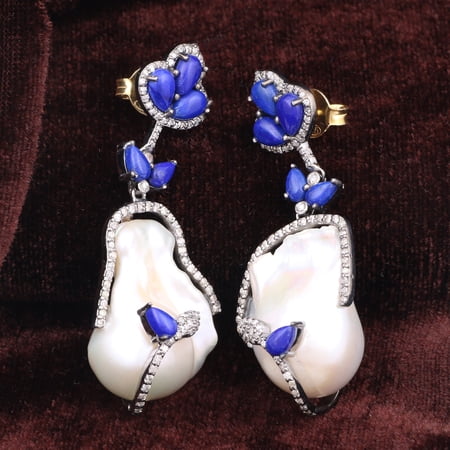 Natural Pearl Lapis Lazuli,Diamond Gemstone 925 Sterling Silver Earrings