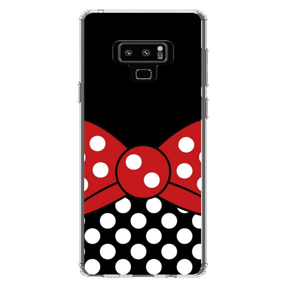 DistinctInk Clear Shockproof Hybrid Case for Samsung Galaxy Note 9 - TPU Bumper, Acrylic Back, Tempered Glass Screen Protector - Black White Polka Dot Red Bow Minnie