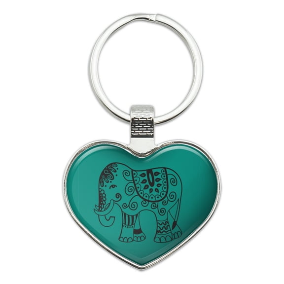Painted Elephant India Black on Teal Keychain Heart Love Metal Key Chain Ring