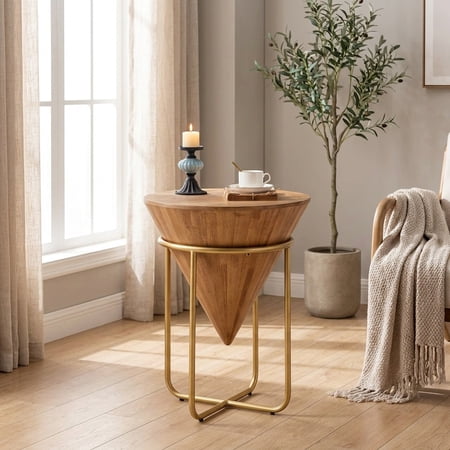 Modern Round Accent Side Table with Natural Wood Top and Gold Metal Base - Compact Living
