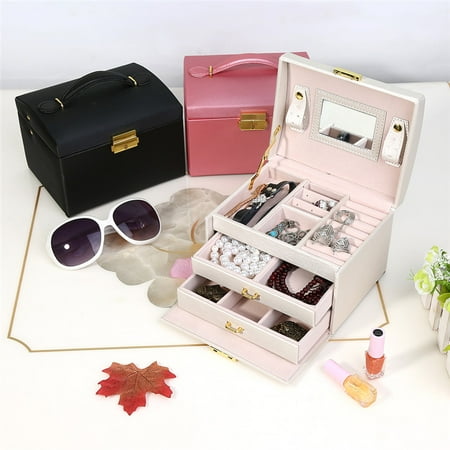 Leather Earring Gift Boxes - Leather Jewelry Organizer Box Three Layer Ring Storage Earring Jewelry Box Organizer with Lock Key and Mirror for Girls Teens Women Gift (White)