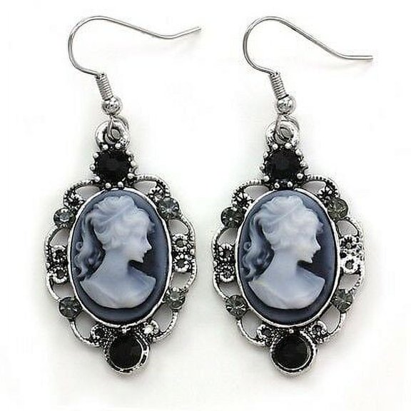 Antique Vintage Style Retro Design Black Blue Dark Grey Cameo Dangle Earrings i1