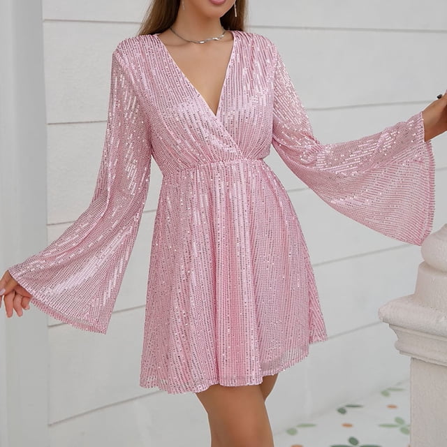 FcBaudy Robe à Manches Longues à Col en V, Robes d'Été pour Femmes, Robes pour Femmes Robes Décontractées à Col Ample Unies à Manches Longues Robe Confortable Robe pour Femme