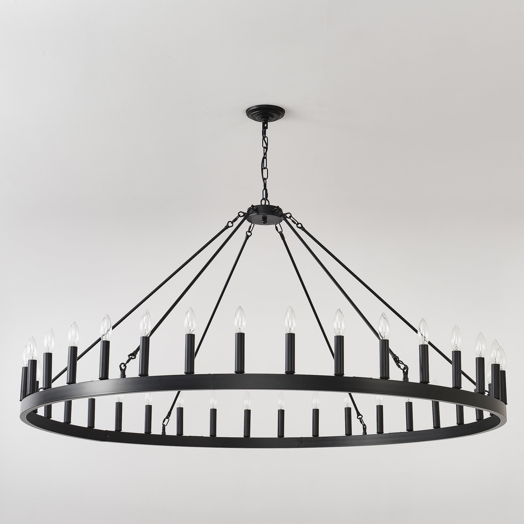 GDF Studio 60" Farmhouse Wagon Wheel Chandelier, 36-Light Adjustable Chain Ceiling Light, Matte Black