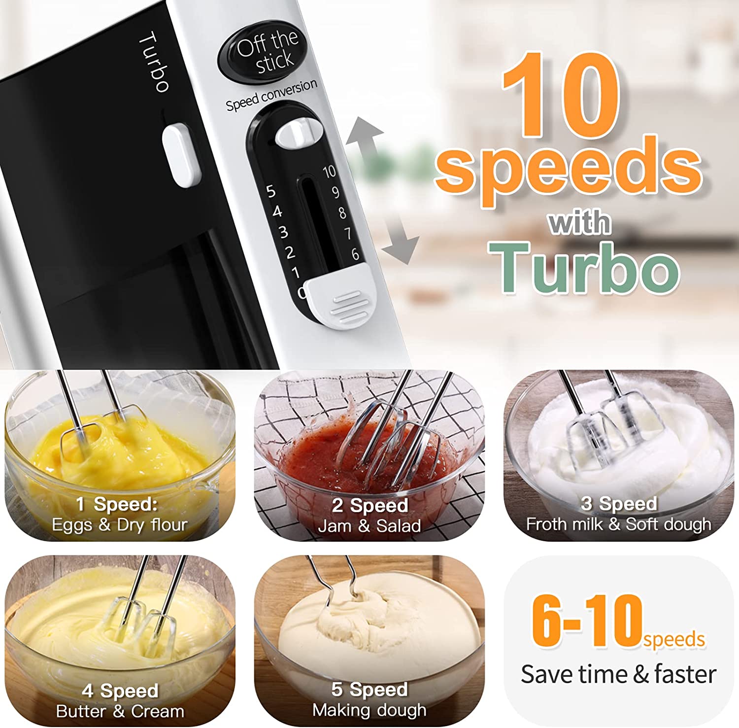 600W Electric Hand Mixer Kitchen Handheld 10 Speed Powerful with Turbo for Baking Cake Lightweight & Personal Egg Beaters Dough Hooks, Whipping Mixing Cookies