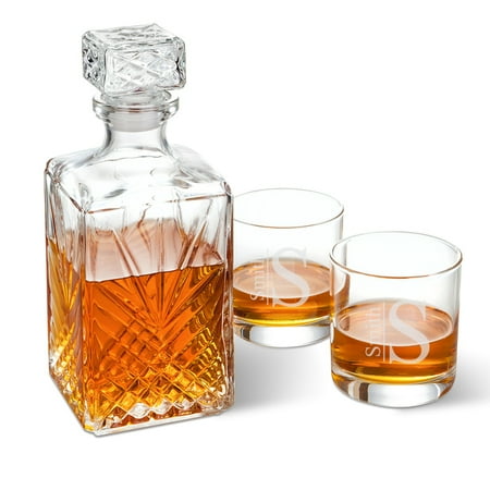 Bormioli Rocco Glass Pilsner Glass - Personalized Bormioli Rocco Selecta Square Decanter with Stopper and 2 Low Ball Glass Set