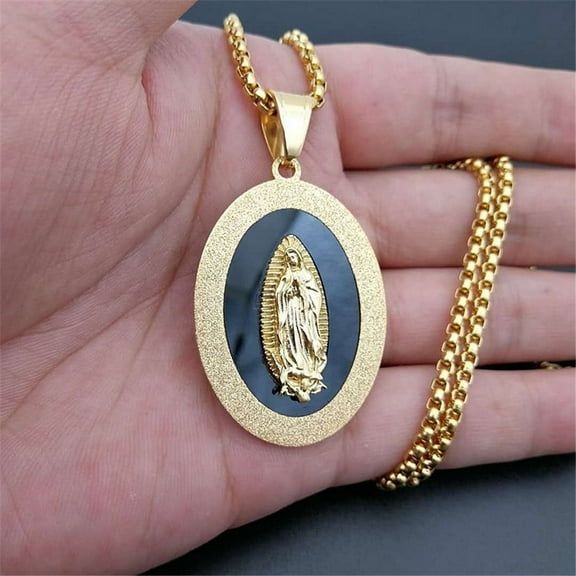 Virgin Mary Pendant Necklace 14K Yellow Gold Men Christian Jewelry Lady of Guadalupe Miraculous Oval Medal Necklaces