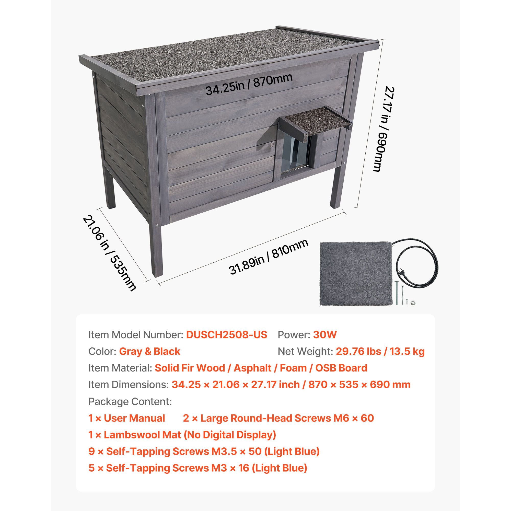 Dranite Winter-Ready Insulated Cat Shelter with Heating Pad, Waterproof & Weatherproof Design, Openable Roof & PVC Door, Spacious Wooden Outdoor House for Multiple Cats (34” L x 21” W x 27” H)
