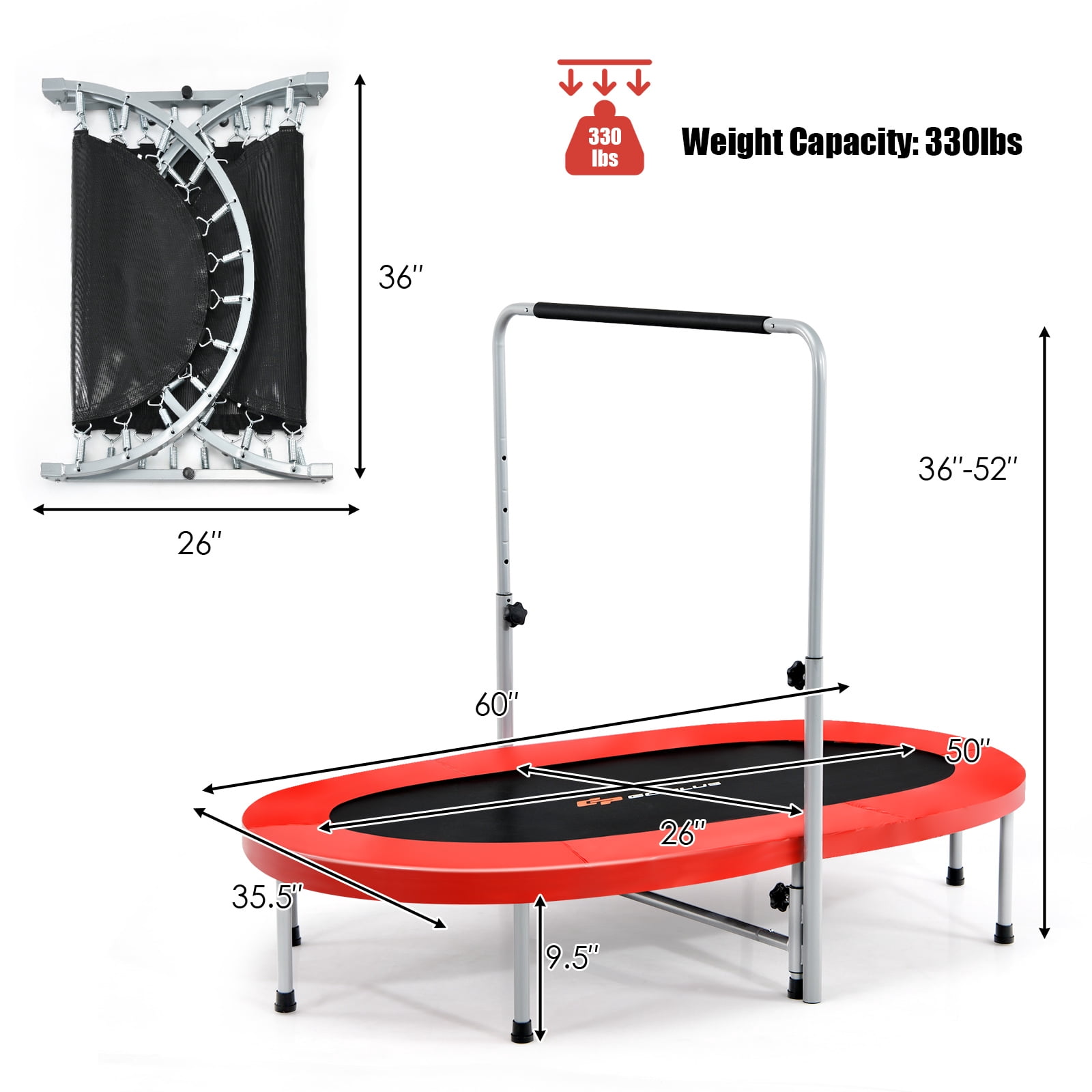 Infans 50" Trampoline for 2 People Foldable Rebouncer w/Adjustable Handrail Red
