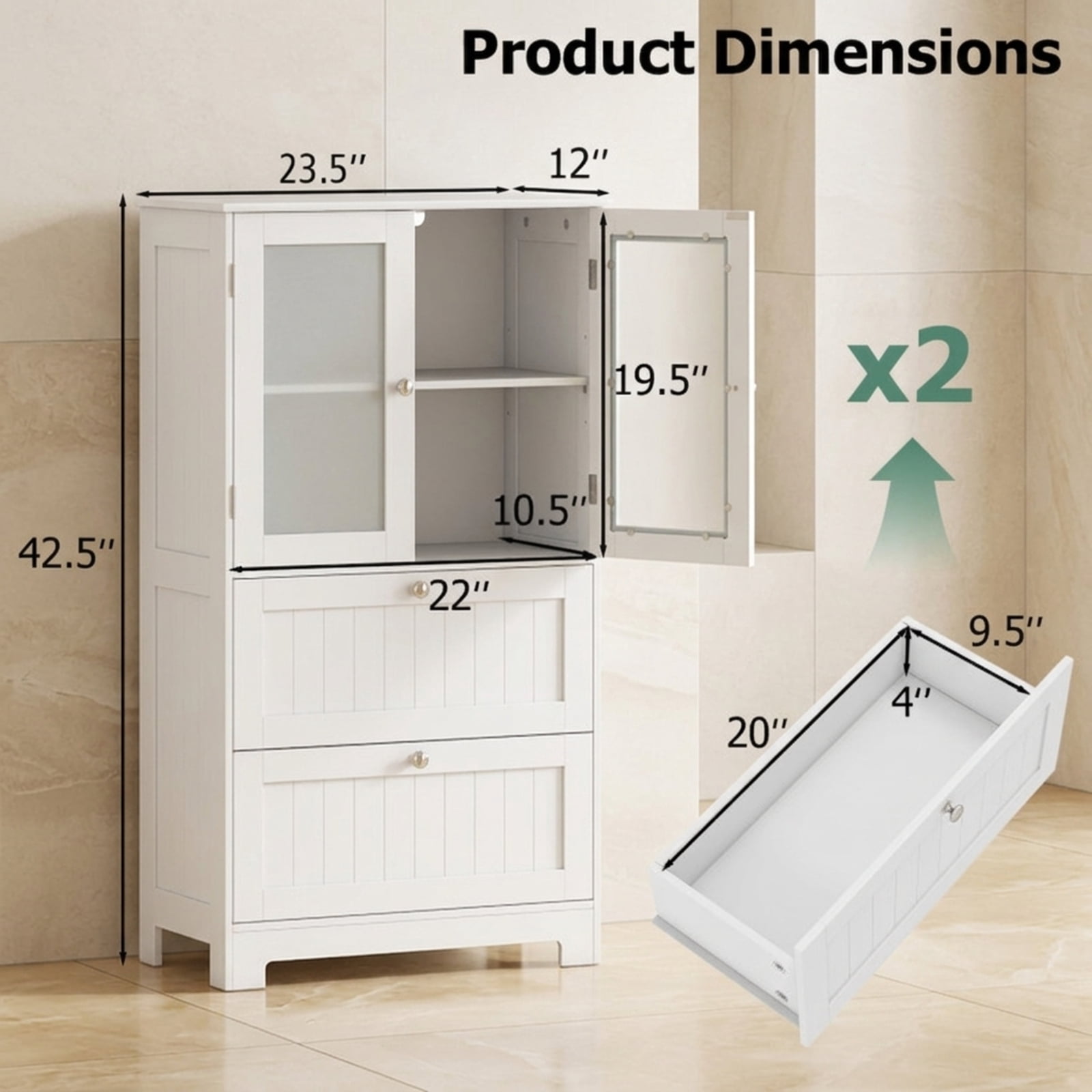 Vebreda Freestanding Bathroom Storage Cabinet, Bathroom Floor Storage Cabinet Freestanding Cupboard Pantry with 2 Drawers and 2 Frosted Glass