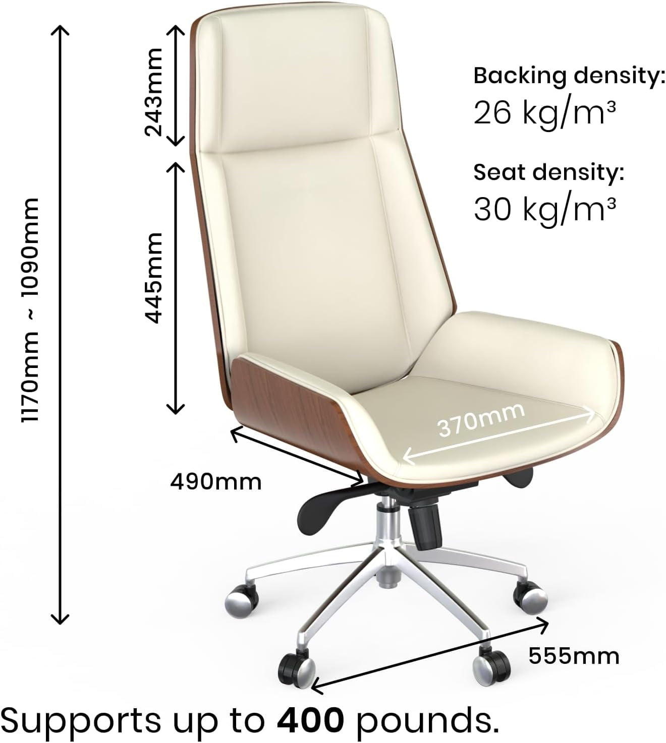 FOH Luxury Wooden Swivel and Adjustable Executive Chair, Wide Pu Leather Office Chair, Modern and Vintage Design High Back Computer Desk Chair for Conference Rooms and Home Offices