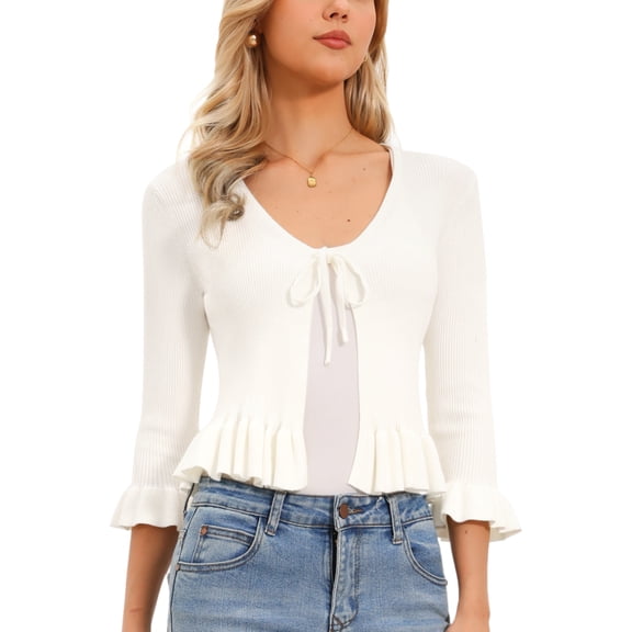 DARING DIVA Women's Ruffled Long Sleeve Rib Knit Open Front Cardigan XS White
