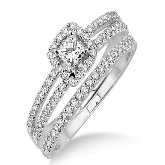 1.25 Carat Bridal Set two row halo with Princess Cut Diamond in 10k white Gold