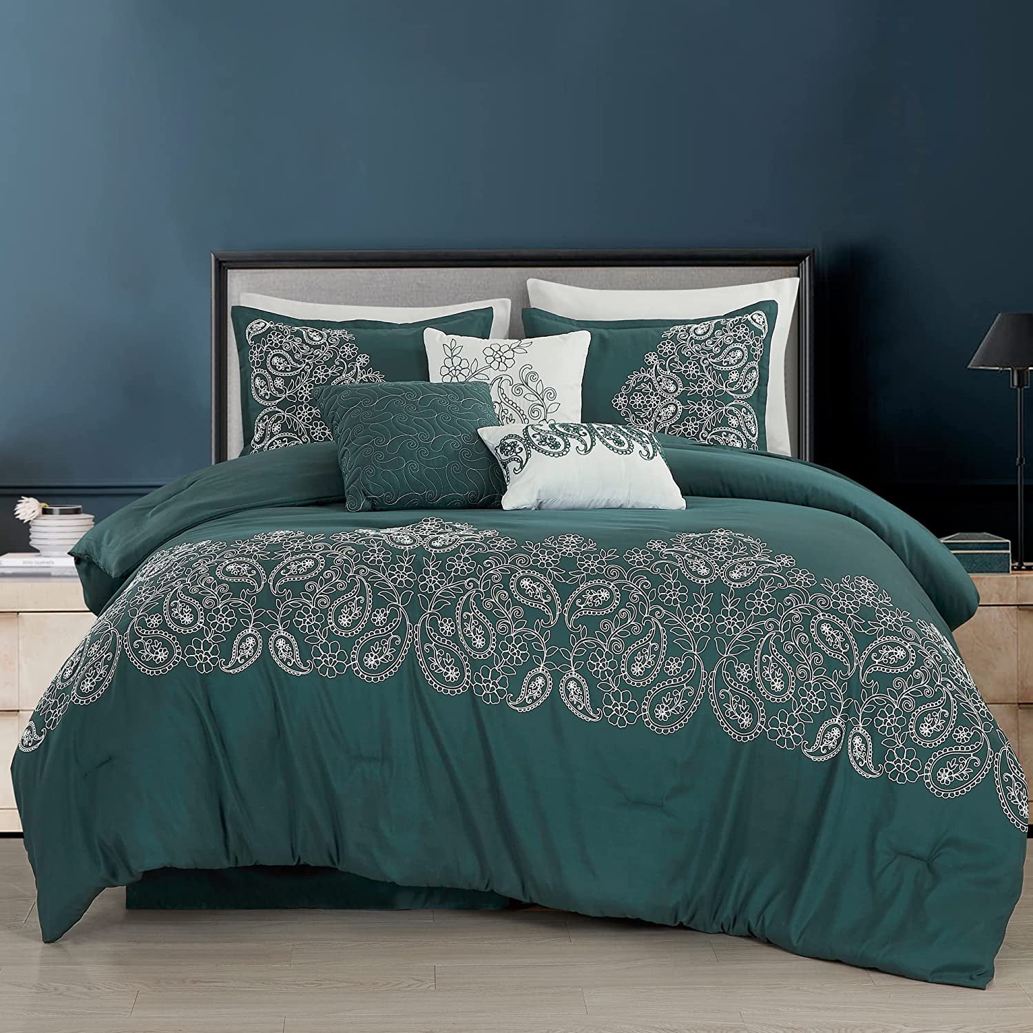 Linz 7-Piece Navy Blue White Embroidered Paisley Floral Scroll Comforter Set 