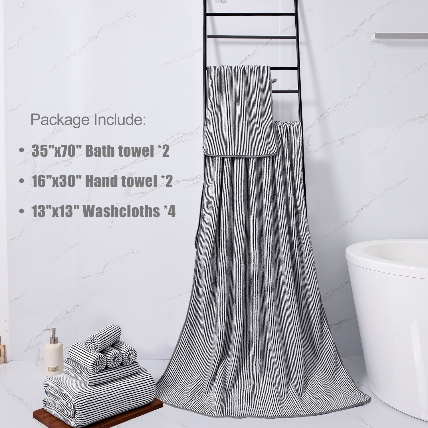 Smuge 8 Piece Extra Large Bath Towel Sets, 2 Large Bath Towels , 2 Hand Towels, 4 Washcloths, Soft Microfiber, Quick Dry, Highly Absorbent Oversized Bath Towels for Bathroom Kitchen Spa(Black White)