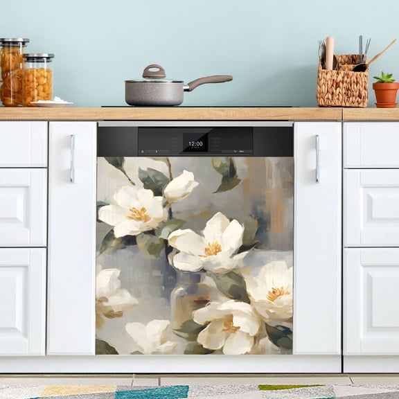 White Elegant Gardenia Dishwasher Magnet Cover for Washers Fridge Panel Decal 23"W x 26"H Inch