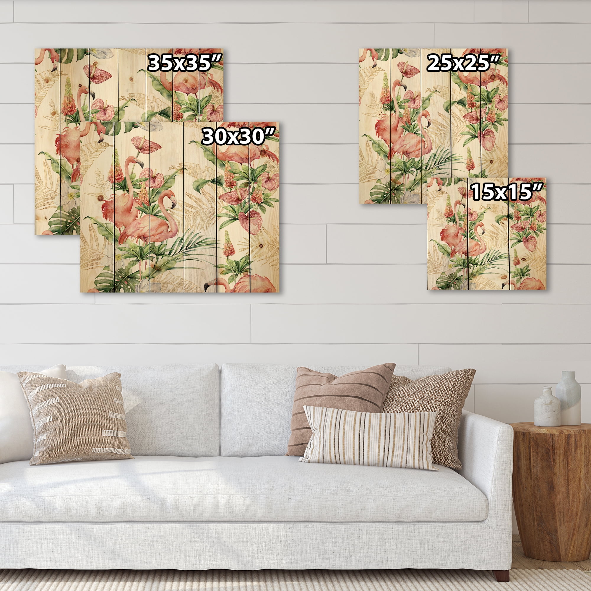 Designart 'Tropical Flowers & Gold Leaves With Pink Flamingos' Traditional Print on Natural Pine Wood