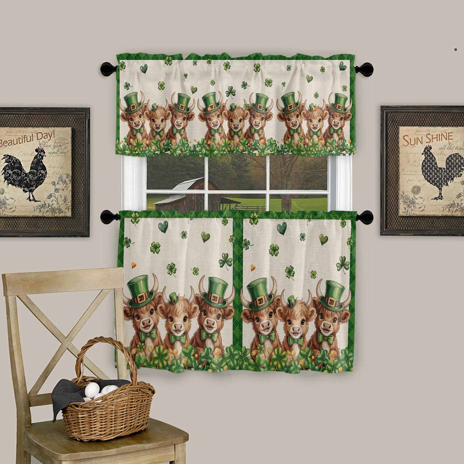 St. Patrick's Day Kitchen Curtains Valances and Tiers Set of 3 Watercolor Green Hat Cow Shamrock Love Linen Texture Tier Curtains and Valance Rod Pocket Valance Curtains Set s 36 Inch Length