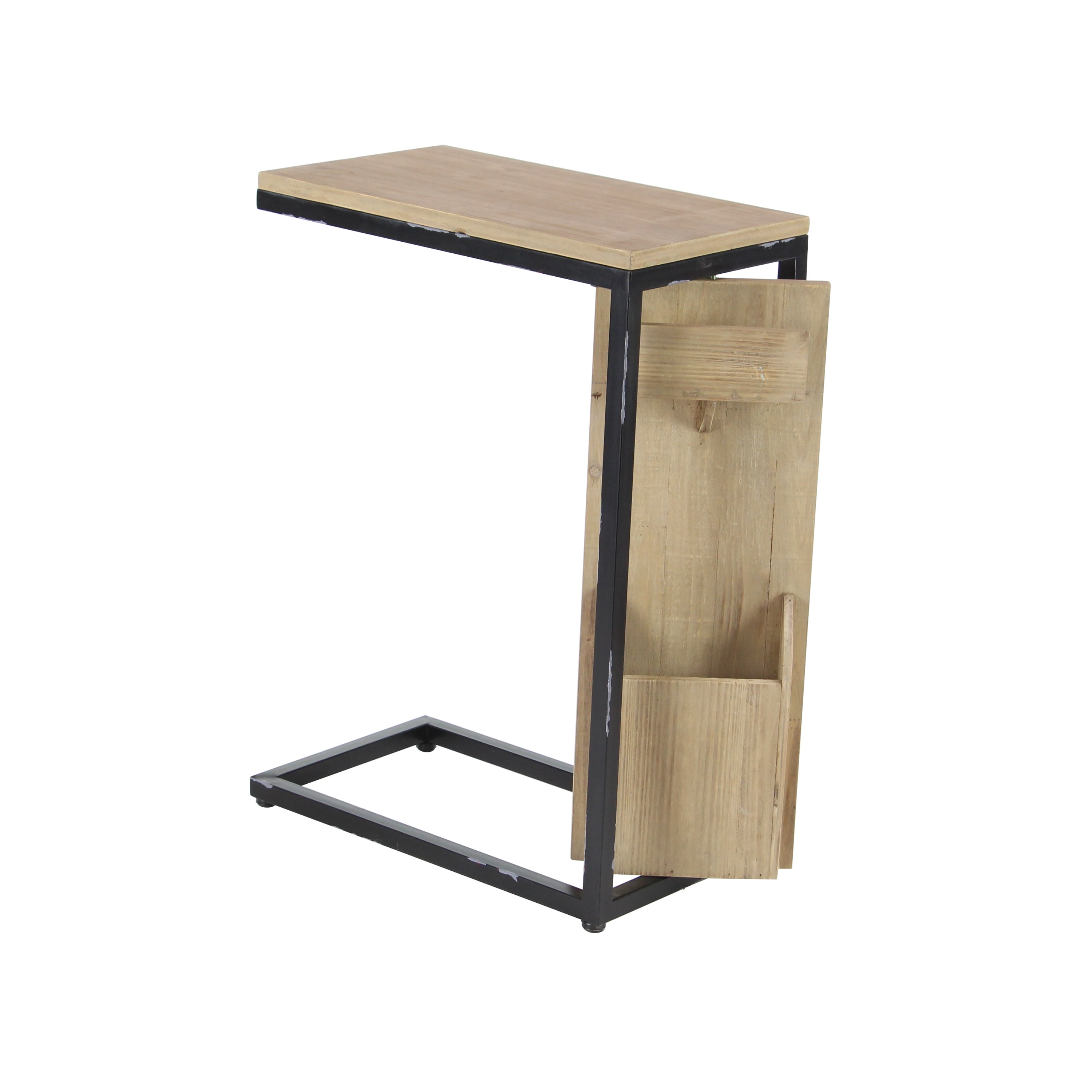 DecMode Wood Industrial C Shaped Accent Table with Storage Slots and Light Brown Finish, 20"W x 24"H