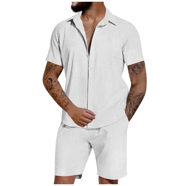Birdeem Ensemble Chemise et Short pour Hommes Col Rabattu Manches Courtes Haut Confortable avec Poche et Boutons