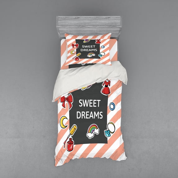 Saying Duvet Cover Set, Diagonal Striped Backdrop with a Frame with Various Feminine Fashion, Bedding Set with Shams and Fitted Sheet, 3 Sizes, by Ambesonne