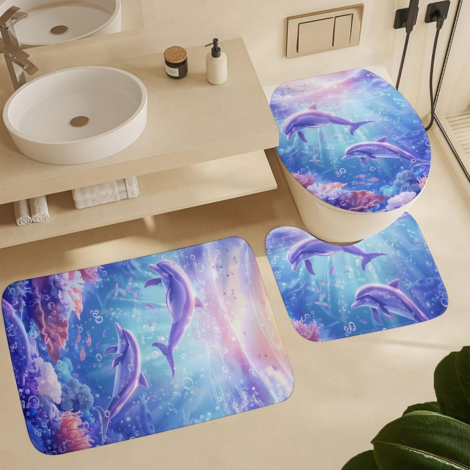 Ocean Corals Dolphins 4 Pcs Bathroom Shower Curtain Set,Bathroom Sets with Rugs (Bath Mat,U Shape and Toilet Lid Cover Mat), Bathroom Decor Set