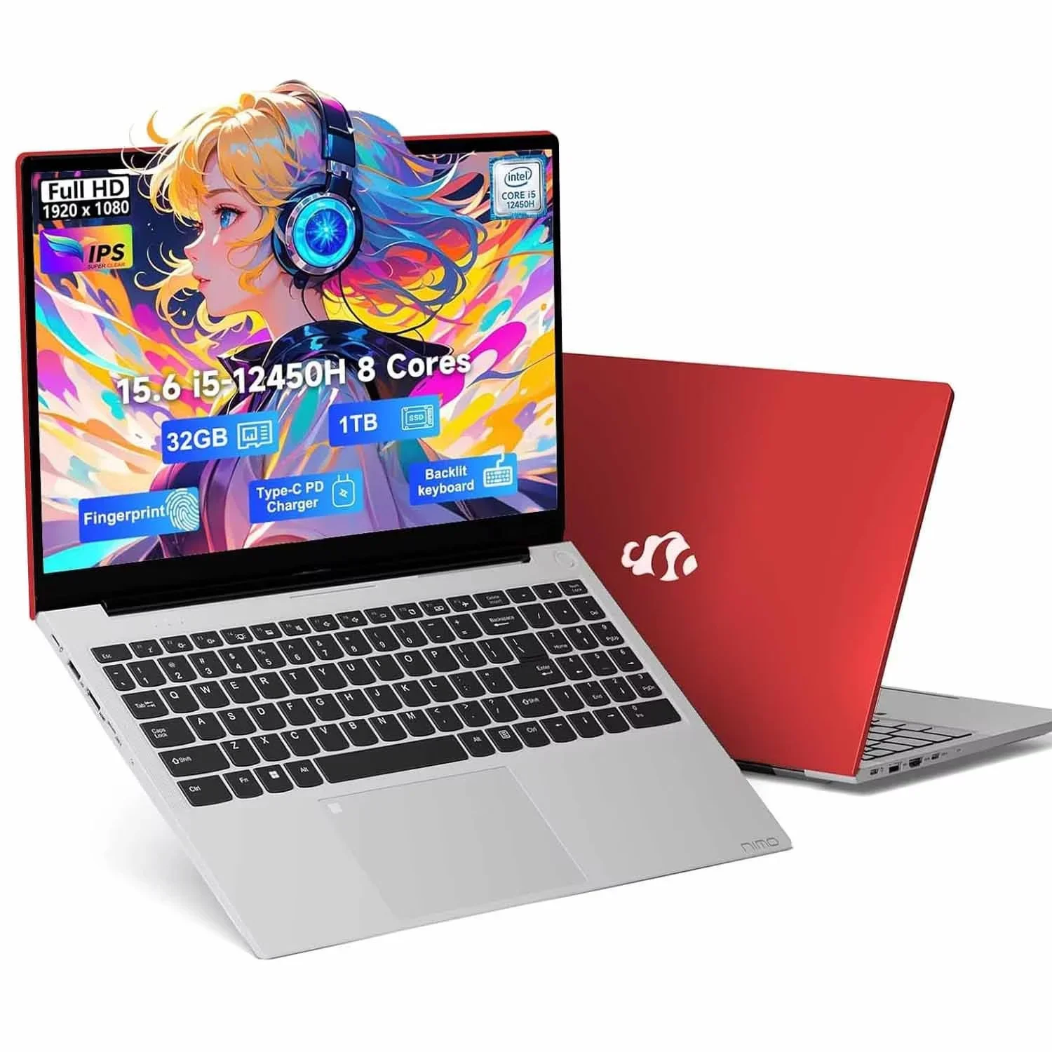 15.6" IPS-FHD-Laptop Gaming laptop Intel i5-12450H 8 Cores 32GB RAM 1TB SSD (Beat i7-11800H, Up to 4.4 GHz) 100W Type-C Fingerprint Backlit Keyboard WiFi 6 Numpad Win 11