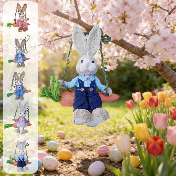 CuiLiyq Easter Decorations, Spring Hanging Easter Bunny Figurine on Carrot Swing, Cute Farmhouse Decorative Woven Straw Rabbit Statue for Home Indoor Outdoor Craft Adornment Decor (A)