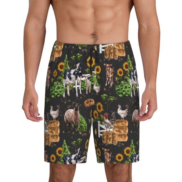 Balery Farm Animals 2 Pantalones cortos de pijama de punto de algodón para hombre con cinturilla y bolsillos-3X-Large