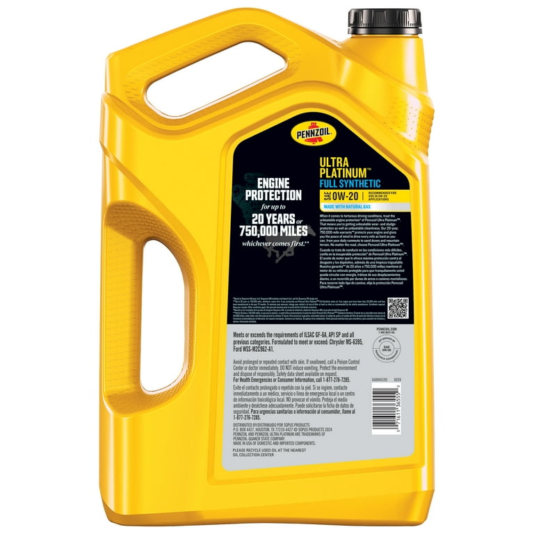 Pennzoil Ultra Platinum Full Synthetic 0W-20 Motor Oil, 5 Quart