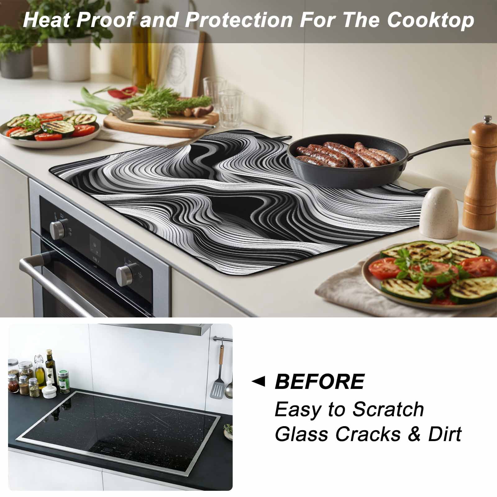 Abstract Waves Stove Top Cover for Electric Stove, Heat-proof & Non Slip Glass Top Stove Cover Protector, Black Grey Modern Geometric Striped Kitchen Flat Cooktop Rubber Mat 24x21 Inches