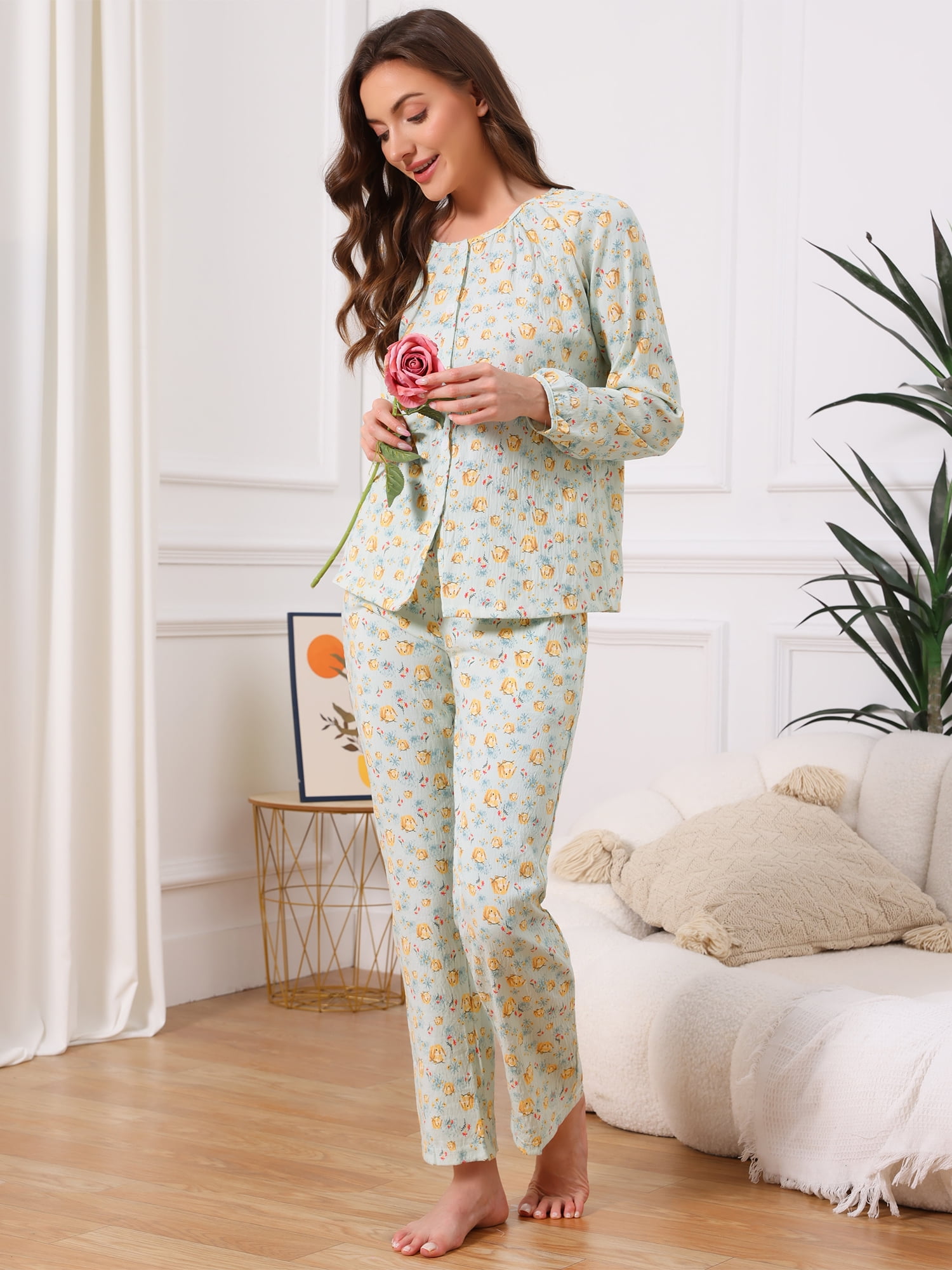 DARING DIVA Pajamas Long Sleeves Cotton Button Down U Neck Set S Green Floral