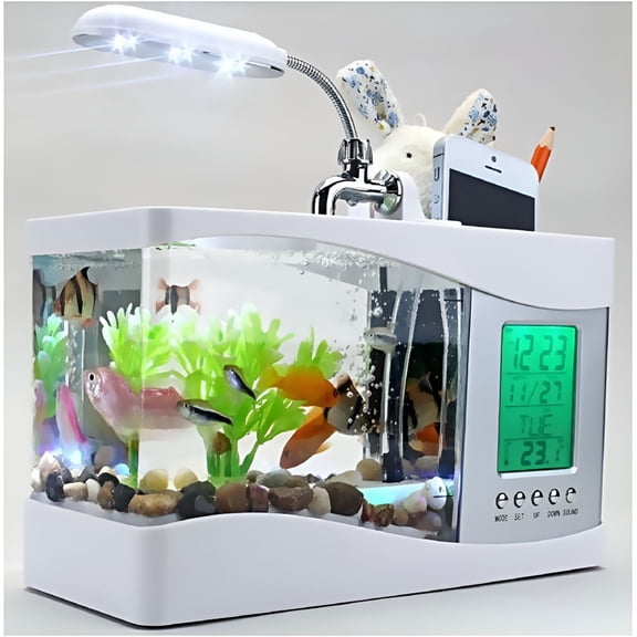 ACDANC USB Desktop Mini Fish Tank Aquarium LCD Timer Clock LED Decoration