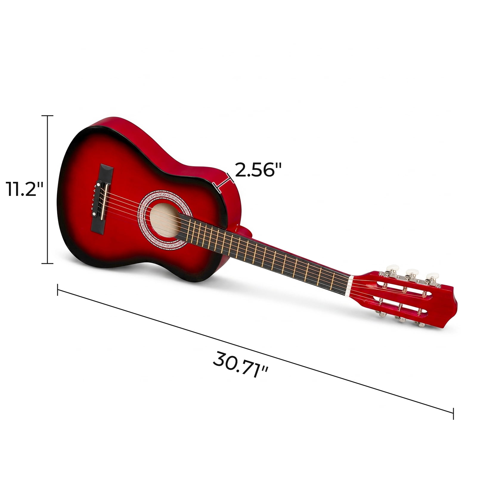 Turn red 30-inch Round Acoustic Guitar with Picks, Strings, Capo, Case, Tuner, and Strap